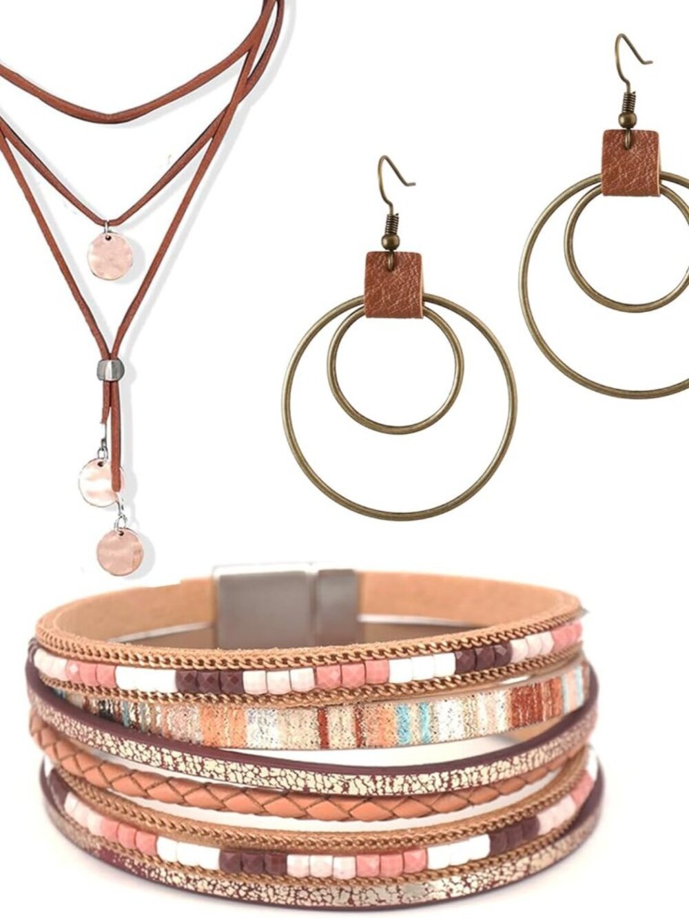 3PCS Western Jewelry for Women Bohemian Set,Boho Vintage Layered Necklace Dangle